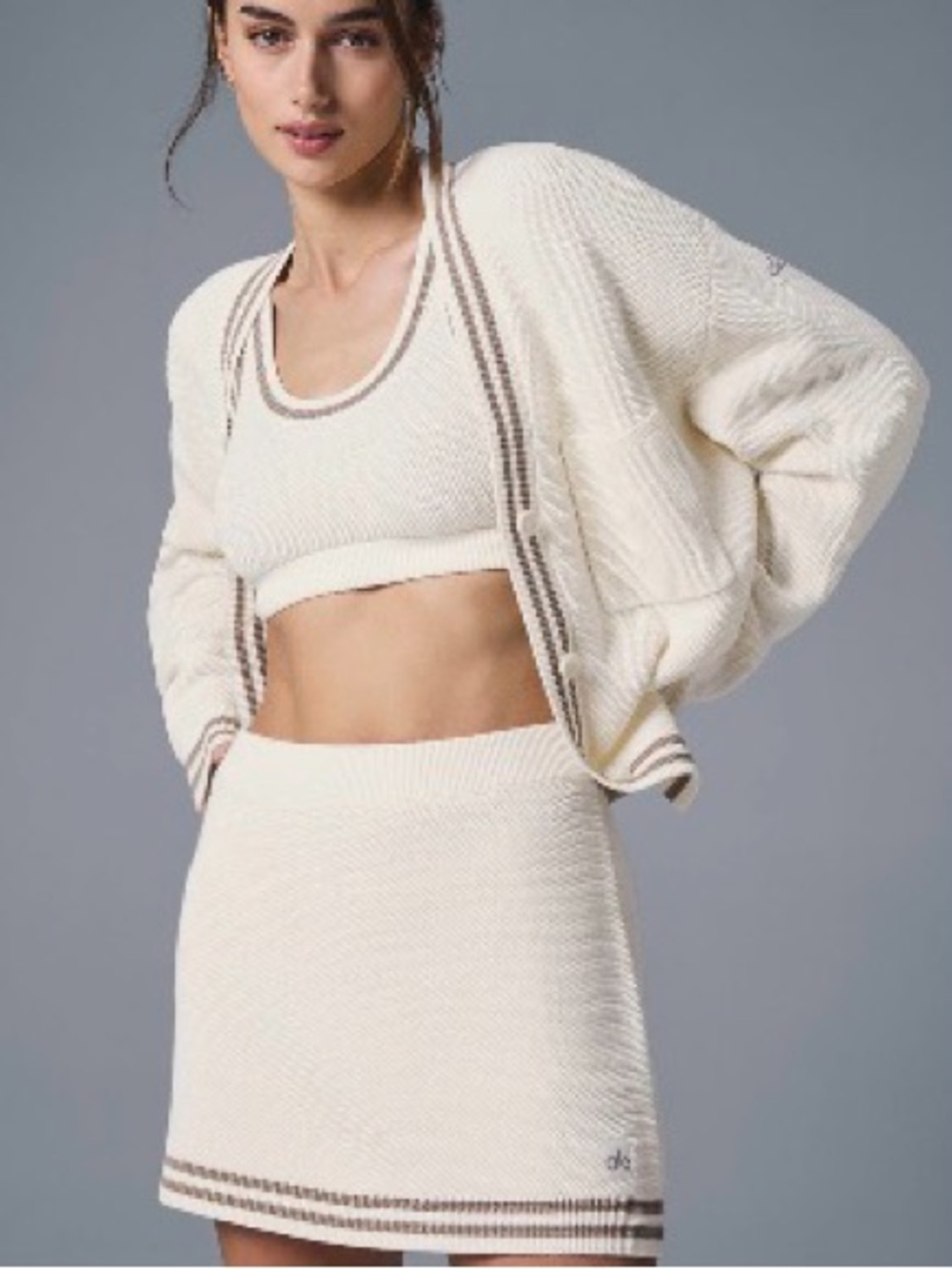 ALO Yoga Ivory & Gravel Tennis Club Knit Cardigan